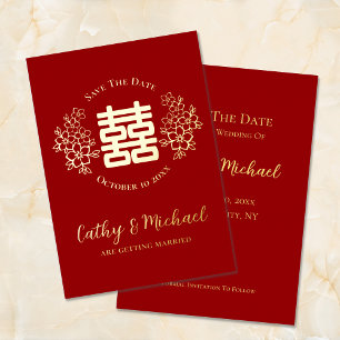 Invitation En Aluminium Double bonheur floral rouge et or pour annoncer la