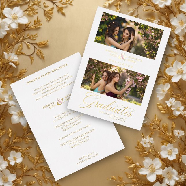 Invitation En Aluminium Double Graduation Chic Golden 2 Photos Modern (Double Graduation Chic Golden 2 Photos Modern Script Real Metallic Foil Invitation Card.)