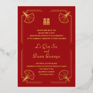 Invitation En Aluminium Double Happiness Rouge Mariage Chinois Or Véritabl