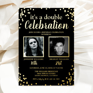 Invitation En Aluminium Double Photo Black Gold Anniversaire