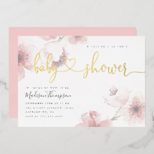 Invitation En Aluminium Douce Fête de Naissance Fleurie Script Or Cerisier