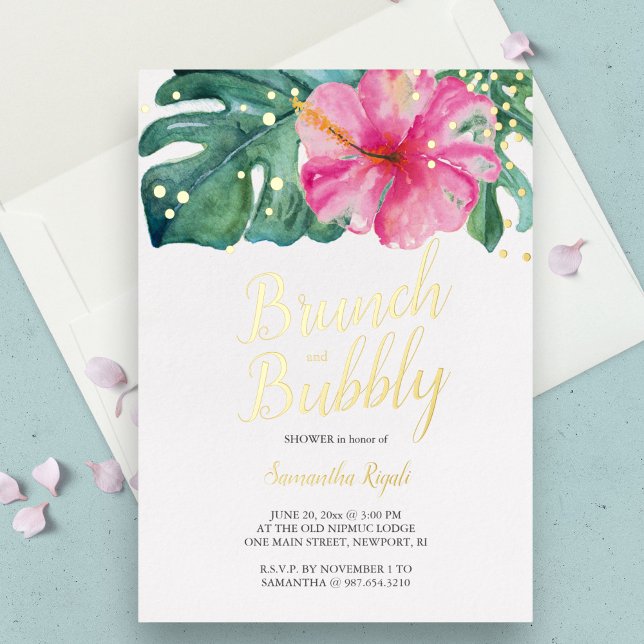 Invitation En Aluminium Douche de fleurs tropicales à l'aquarelle (Bridal shower invitations feature a tropical floral and palm leaf design)