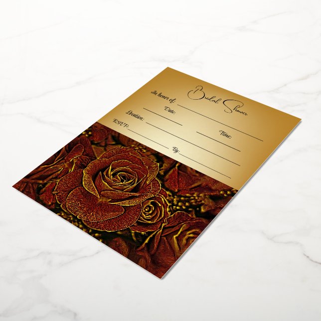 Invitation En Aluminium Douche de Mariée - Roses Rouges & Dorées (Rotation)