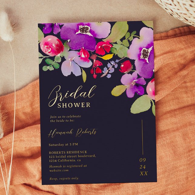 Invitation En Aluminium Douche nuptiale rose violet (Fall pink purple floral watercolor bridal shower foil invitation)