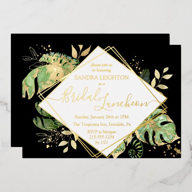 Invitation En Aluminium Douche tropicale nuptiale Noir & Or (Recto/Verso)