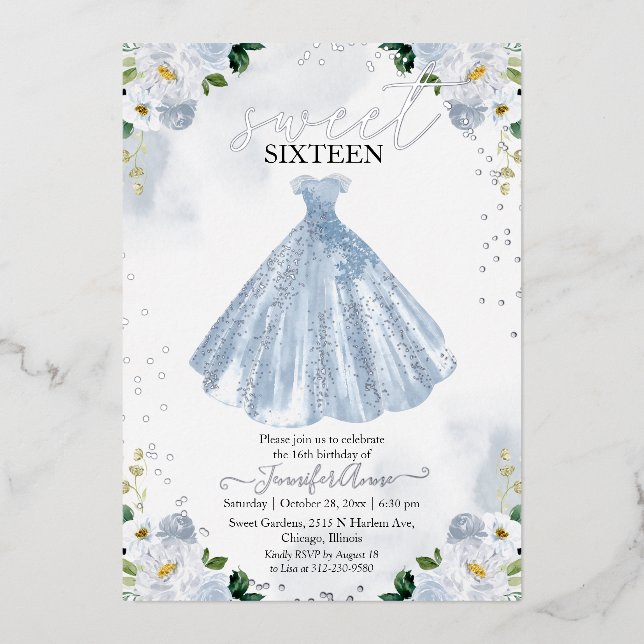 Invitation En Aluminium Doux 16 Aquarelle Fleurs Robe Bébé Bleu Argent (Recto)