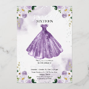 Invitation En Aluminium Doux 16 Fleurs Aquarelles Robe Purple Argent