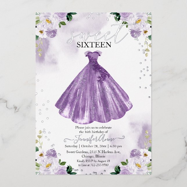 Invitation En Aluminium Doux 16 Fleurs Aquarelles Robe Purple Argent (Recto)
