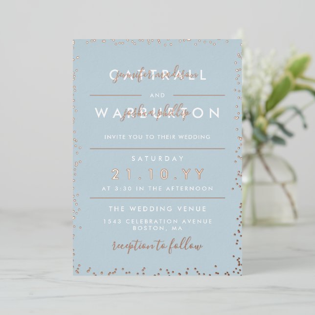Invitation En Aluminium Dove Blue & Rose Gold Typographie Confetti Mariage (Debout devant)