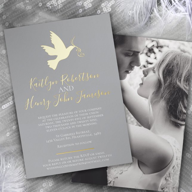 Invitation En Aluminium Dove gris or simple mariage avec photo (Créateur téléchargé)