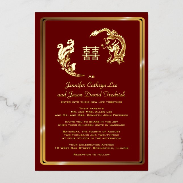 Invitation En Aluminium Dragon Phoenix Double Bonheur Mariage Or (Recto)