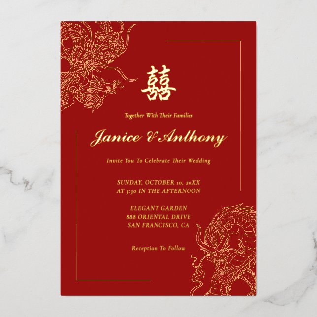 Invitation En Aluminium Dragon Phoenix traditionnel Mariage chinois rouge  (Recto)