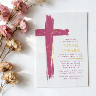 Invitation En Aluminium Dusky Pink Gold Brushstroke Cross Funeral Memorial