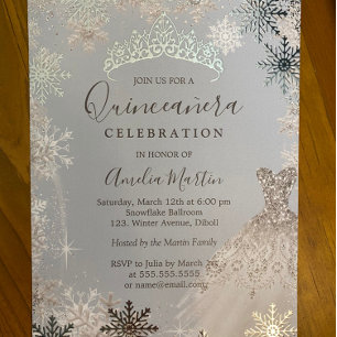 Invitation En Aluminium Dusty Blue Argent Hiver Flocon de Neige Quinceaner