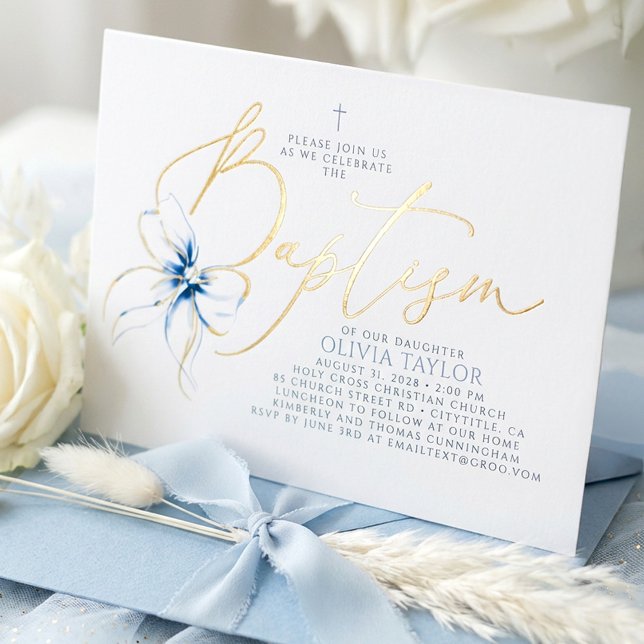 Invitation En Aluminium Dusty Blue Bow Elegant Minimalist Modern Baptism (Blue Bow Baptism Invitation)