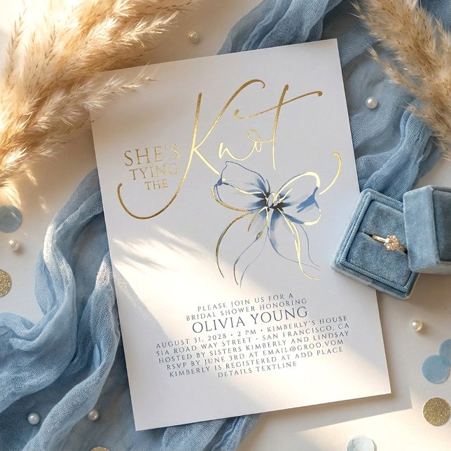 Invitation En Aluminium Dusty Blue Bow She's Tying The Knot Bridal Shower (Dusty Blue Bow Chic Romantic Bridal Shower Invitations)