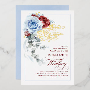 Invitation En Aluminium Dusty Blue & Burgundy Red Floral Boho Mariage