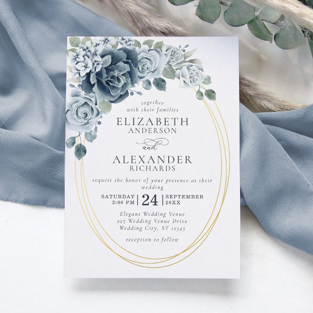 Invitation En Aluminium Dusty Blue Floral Elégant Mariage Botanique Or (Créateur téléchargé)