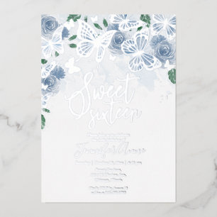 Invitation En Aluminium Dusty Blue Floral Sweet 16 Papillon Argent
