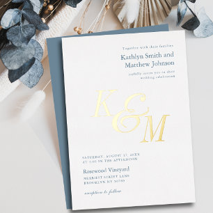 Invitation En Aluminium Dusty Blue Gold Elegant Classic Monogram Mariage
