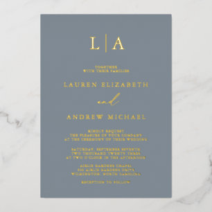 Invitation En Aluminium Dusty Blue Gold Foil Monogramme minimaliste Mariag
