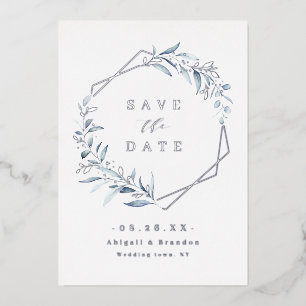 Invitation En Aluminium Dusty Blue Greenery Argent Géométrique Enregistrer