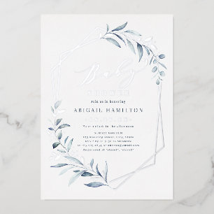 Invitation En Aluminium Dusty Blue Greenery Baby shower argenté rustique