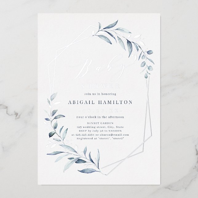 Invitation En Aluminium Dusty Blue Greenery Baby shower argenté rustique (Recto)