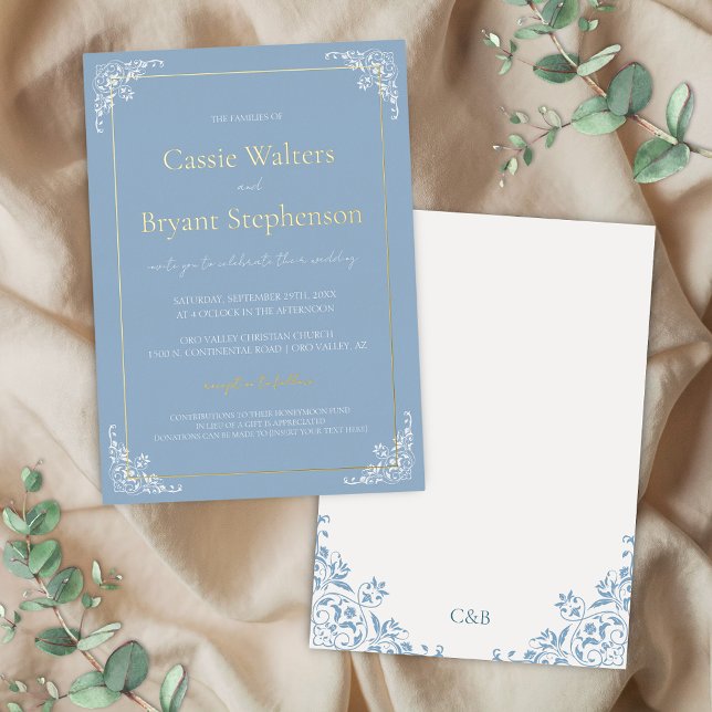 Invitation En Aluminium Dusty Blue Minimal Élégant Vieux Mariage argent (Elegant dusty blue and white with wedding invitation with gold foil and romantic decorative border)