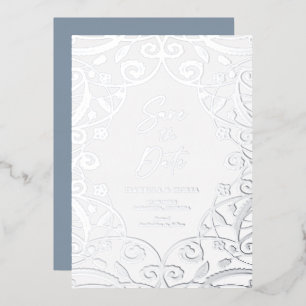 Invitation En Aluminium Dusty Blue Silver Floral Leaf Mariage dentelle