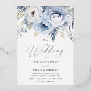 Invitation En Aluminium Dusty Blue & Silver Sparkle Floral Mariage