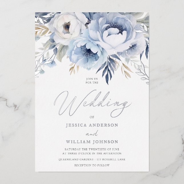 Invitation En Aluminium Dusty Blue & Silver Sparkle Floral Mariage (Recto)