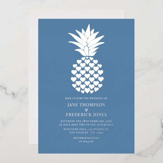 Invitation En Aluminium Dusty Blue & Silver Tropical Pineapple Wedding (Recto/Verso)