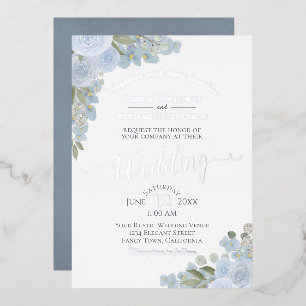 Invitation En Aluminium Dusty Blue & Silver Watercolor Floral Boho Mariage