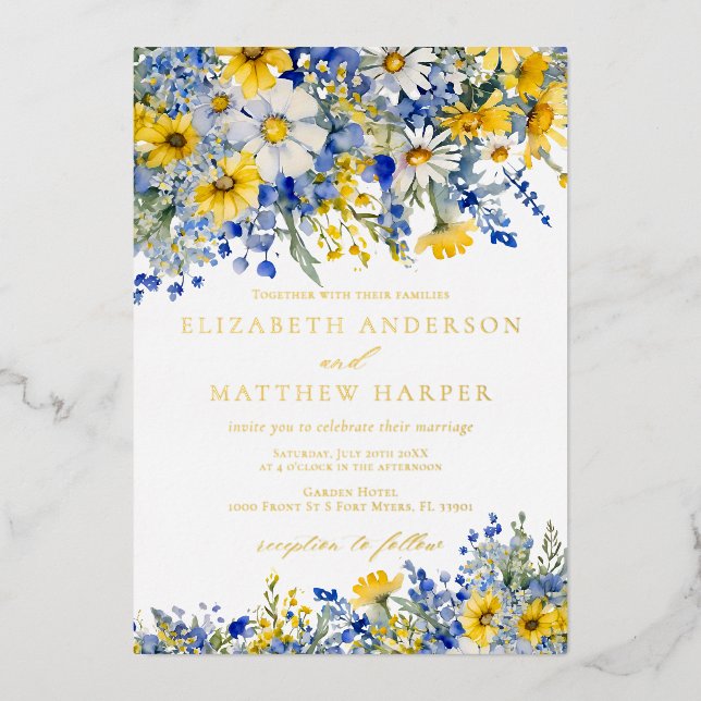 Invitation En Aluminium Dusty Blue Yellow Daisy Wildflowers Boho Wedding (Recto)