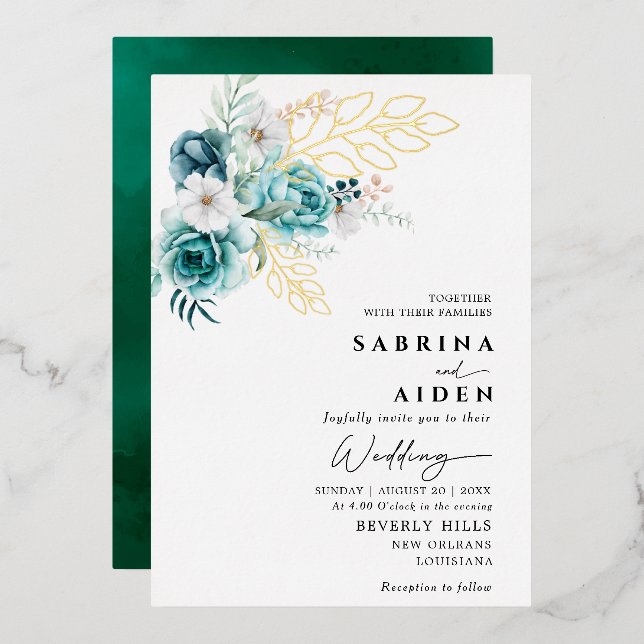 Invitation En Aluminium Dusty Emerald Greenery Blanc Floral Mariage (Recto/Verso)
