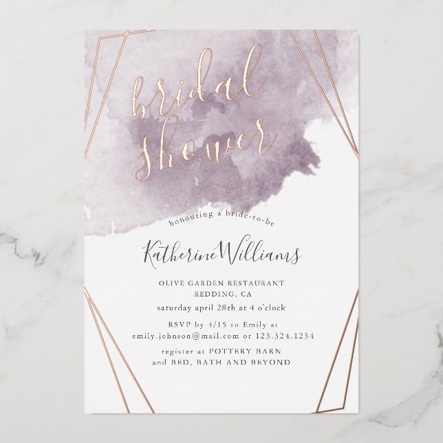 Invitation En Aluminium Dusty Gold et Fête des mariées Mauve (Devant)