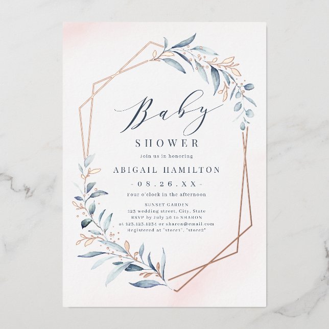 Invitation En Aluminium Dusty Greenery Rose Gold Baby shower rustique (Recto)