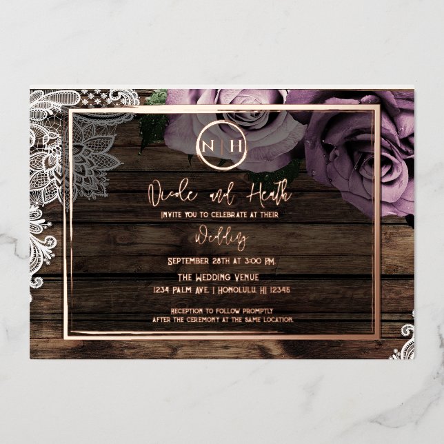 Invitation En Aluminium Dusty Mauve Rose Dentelle rose Mariage rustique (Recto)