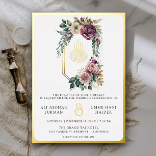 Invitation En Aluminium Dusty Purple Floral Crest Musulman Mariage Gold
