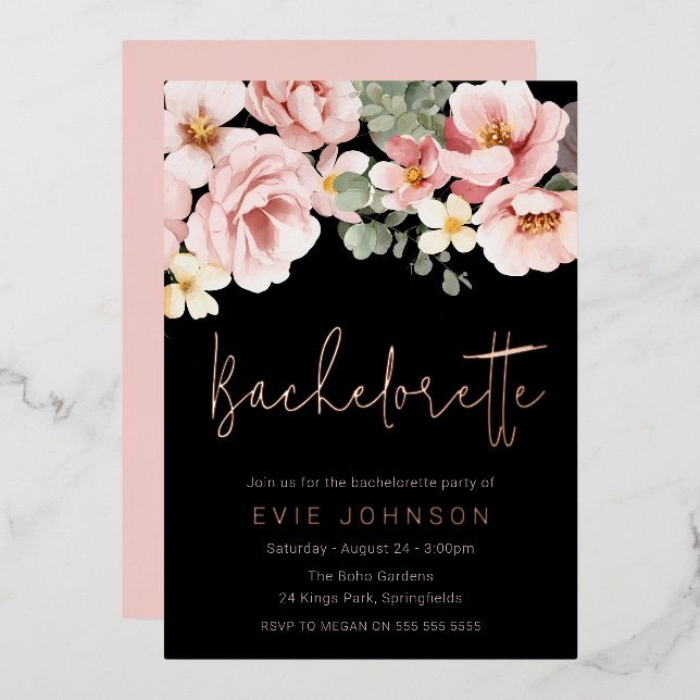 Invitation En Aluminium Dusty Rose & Black Bachelorette Party Rose Gold (Recto/Verso)