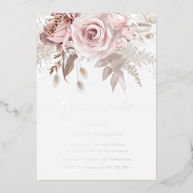Invitation En Aluminium Dusty Rose & Blush Floral Quinceanera Silver (Recto)