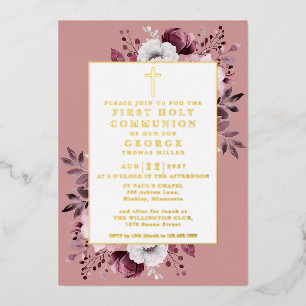 Invitation En Aluminium Dusty Rose Boho Floral First Holy Communion Gold