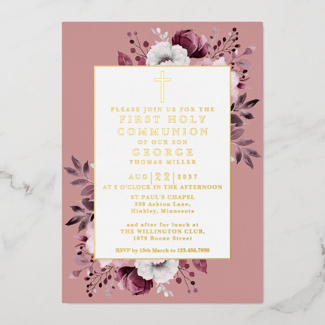 Invitation En Aluminium Dusty Rose Boho Floral First Holy Communion Gold (Recto)