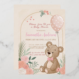 Invitation En Aluminium Dusty rose Boho Teddy Bear Balloon Baby
