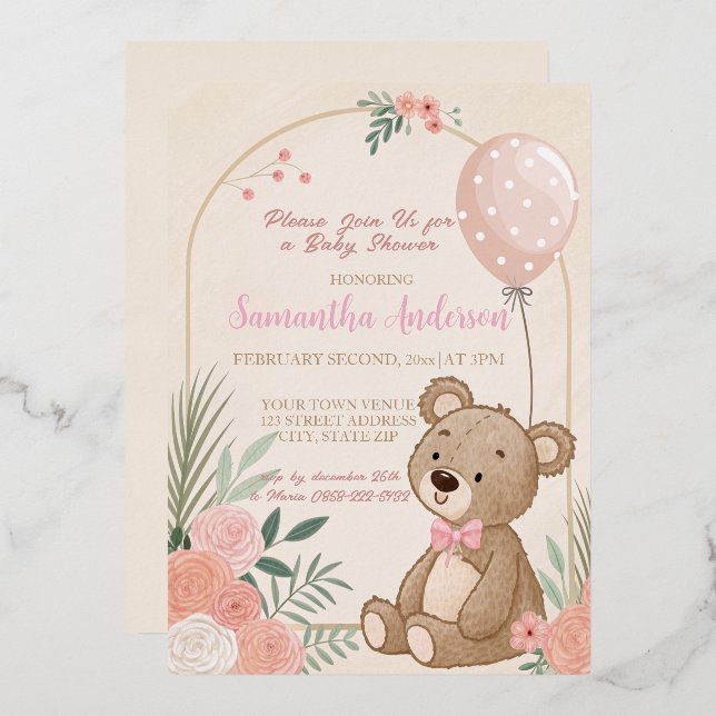 Invitation En Aluminium Dusty rose Boho Teddy Bear Balloon Baby (Recto/Verso)