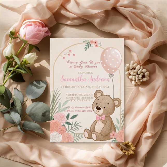 Invitation En Aluminium Dusty rose Boho Teddy Bear Balloon Baby (Créateur téléchargé)