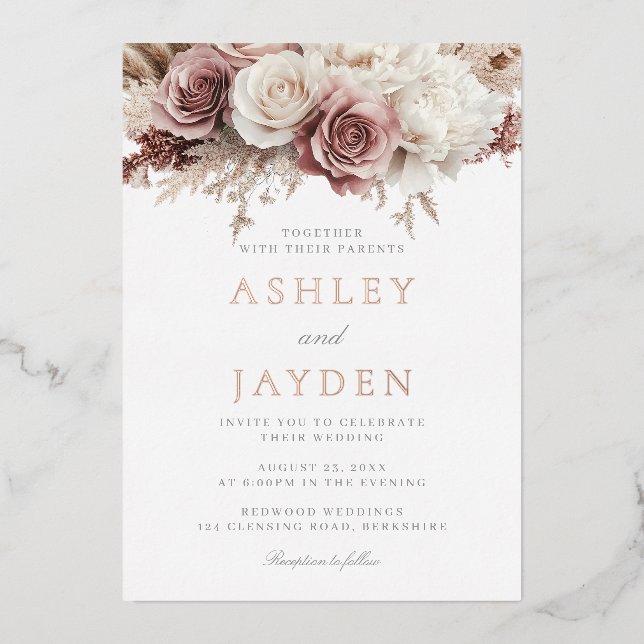 Invitation En Aluminium Dusty Rose Fleurs Botaniques Mariage Rose Or (Recto)