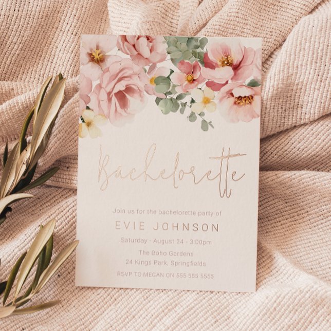 Invitation En Aluminium Dusty Rose Floral Bachelorette Party Rose Gold (Créateur téléchargé)