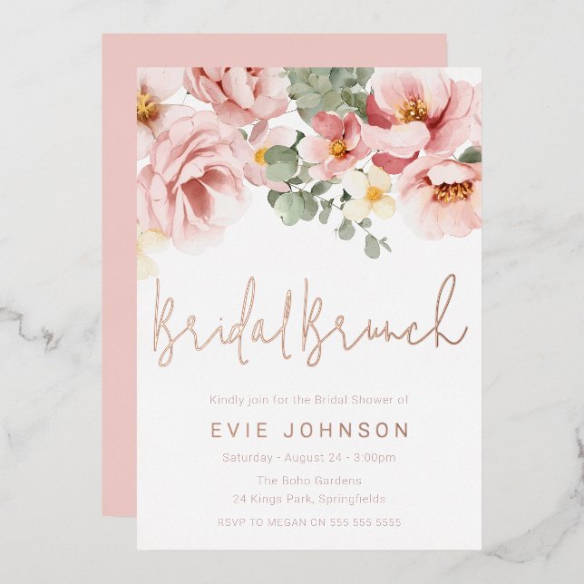 Invitation En Aluminium Dusty Rose Floral Fête des mariées Brunch Rose Gol (Recto/Verso)